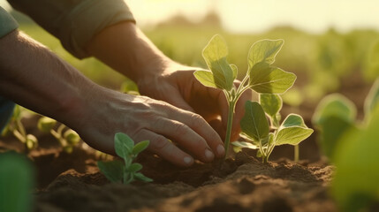 Hands of Harvest: Close-Up of a Farmer's Hands Nurturing a Soybean Plantation.