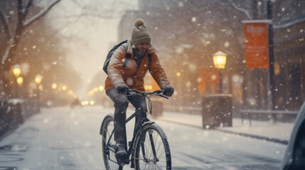 Winter Endurance: Man Cycling Through a Snow-Blanketed City, Braving the Blizzard with Motion Blur.