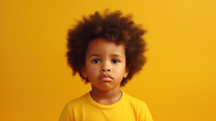 Poignant Youth: Portrait of a Solemn Little Boy with Afro Hair Against a Bright Yellow Backdrop.