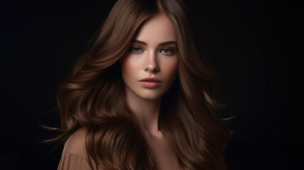 Fototapeta premium Effortless Charm: Young Attractive Woman with Lush Brown Hair and Natural Beauty on Neutral Background.