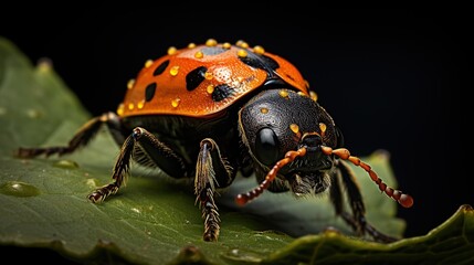Ladybug with water drops crawling up a leaf.