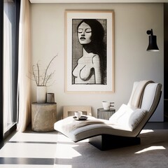 lounge chair in minimalist living room, colorful art on the wall, magazine photography