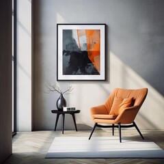 lounge chair in minimalist living room, colorful art on the wall, magazine photography