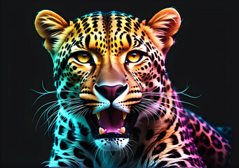 illustration leopard on a black background on a neon background. AI Generative