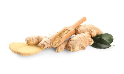 Fresh ginger root and wooden scoop with dried powder on white background