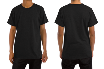 Man in blank black t-shirt, front and back views