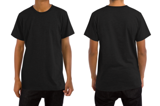 Man in blank black t-shirt, front and back views