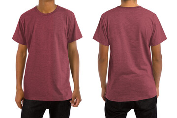 Man in blank heather cardinal t-shirt, front and back views