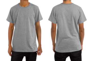 Man in blank heather gray t-shirt, front and back views