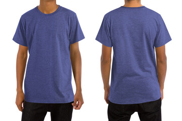 Man in blank heather indigo t-shirt, front and back views