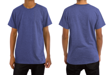 Man in blank heather indigo t-shirt, front and back views