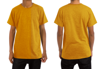 Man in blank heather mustard t-shirt, front and back views