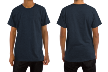 Man in blank heather navy t-shirt, front and back views