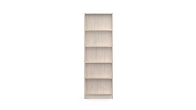 Empty tall wooden bookcase on a white background