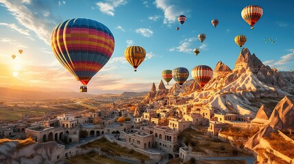 Landscape of fabulous Kapadokya. Colorful flying air balloons in sky at sunrise in Anatolia. Vacations in beautiful destination in Goreme - obrazy, fototapety, plakaty