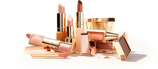 luxury beautiful light design cosmetic makeup brand gold nude orange pink lipstick foundation blusher bronzer brush flower accessories white background - obrazy, fototapety, plakaty