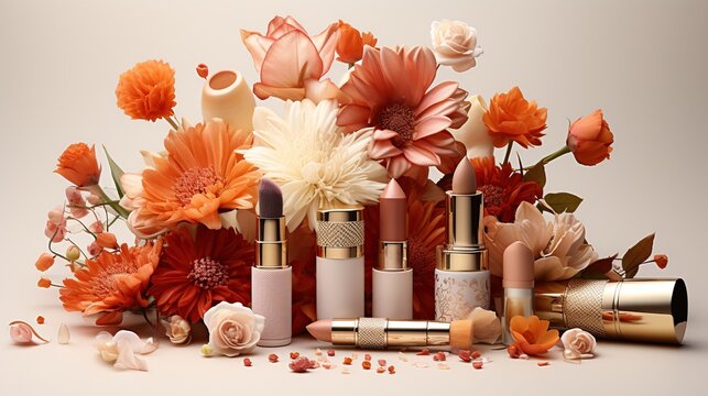 luxury beautiful light design cosmetic makeup brand gold nude orange pink lipstick foundation blusher bronzer brush flower accessories white background