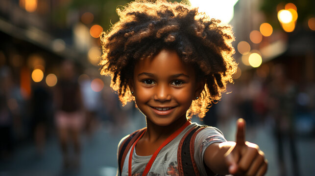 
African American girl smiling at the camera and pointing up with her index finger. Happy kid on a city street in summer at sunset. Latin boy smiling with enthusiasm and happiness making an optimistic