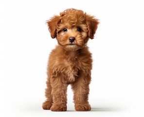 Cute red Cobberdog puppy standing facing front and looking curious towards camera. Little curle pet isolated on white background. Adorable young australian Labradoodle dog stands.