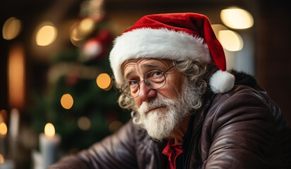 Portrait of sad elderly man in red santa claus hat sitting and looking at camera. Lonely old bearded man on Christmas Eve alone at home. Concept of lonesome, sadness, melancholy and dismals. - obrazy, fototapety, plakaty