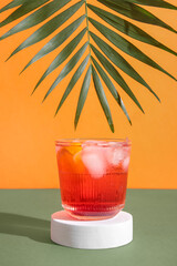 Glass of delicious Negroni cocktail with ice cubes and palm leaf on color background