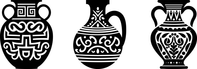 antique amphora vase black vector silhouette logo set - obrazy, fototapety, plakaty