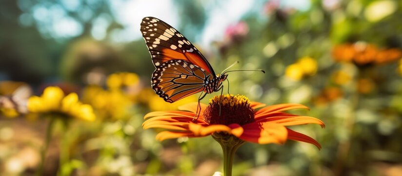 A photo closeup shot of a beautiful butterfly with interesting textures on an orange-petaled flower
