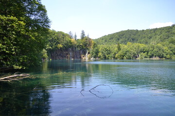Turquoise waterfall cascades through lush forest