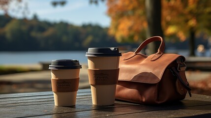 Hot coffee on the go and lunch box. Biodegradable, disposable takeaway food box - obrazy, fototapety, plakaty