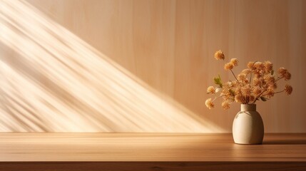 Close up wooden table with flowers on a vas against wooden wall, Simple Minimalist Product Backdrop Background.