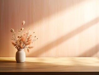 Close up wooden table with flowers on a vas against beige wall, Simple Minimalist Product Backdrop Background.