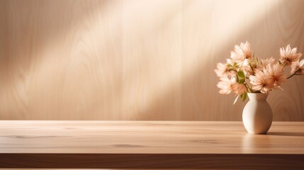 wooden table with flowers on a vas against beige  wall.