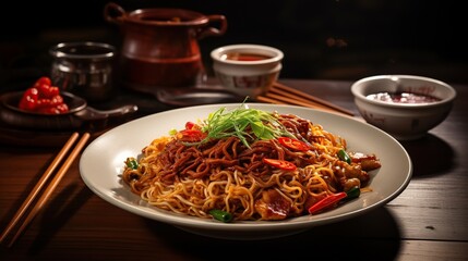 Mie Goreng Jawa or bakmi jawa or java noodle with spoon and fork. Indonesian traditional street food noodles from central java or Yogyakarta, indonesia on rustic wooden table background.