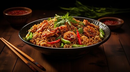 Mie Goreng Jawa or bakmi jawa or java noodle with spoon and fork. Indonesian traditional street food noodles from central java or Yogyakarta, indonesia on rustic wooden table background. - obrazy, fototapety, plakaty