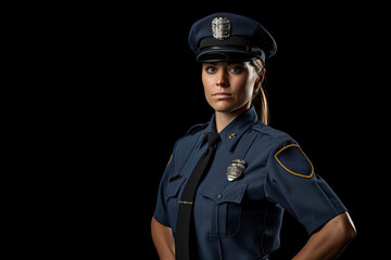 A professional and serious policewoman in uniform standing in a