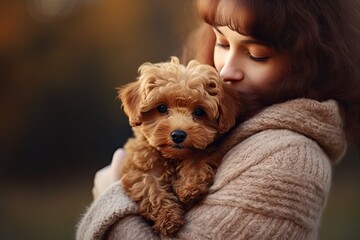 Cute brown puppy and girl share moments of love, care and friendship outdoors.