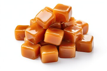 Delicious caramel candies with a rich sweet taste, tempting and ideal as a treat or dessert. - obrazy, fototapety, plakaty