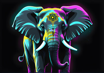 illustration elephant on a black background Colorful rainbow elephant. AI Generative