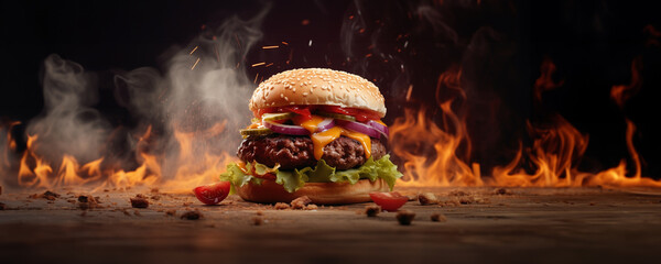 fresh prime chick patty angus or wagyu beef burger sandwich with flying ingredients and spices hot ready to serve and eat food commercial advertisement menu banner with copy space area - Powered by Adobe