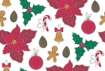 Seamless pattern with Christmas items, holiday background.