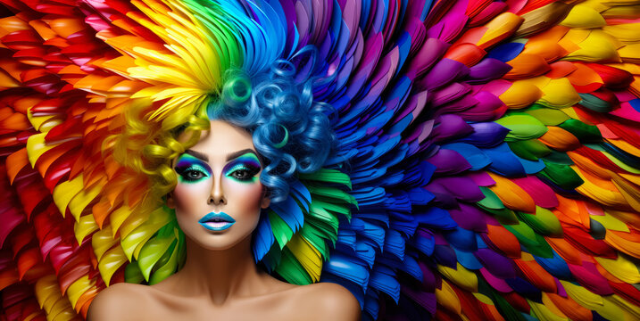 Drag queen person wearing heavy extravagant makeup. Proud expression. Rainbow color background. Generative AI
