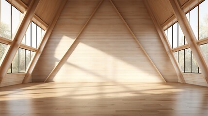 Modern contemporary empty room in a wooden building showing a trussed structure on the wall 3d render. At the end of the room is a corridor lit by natural light. There is a blank wall for content. - obrazy, fototapety, plakaty