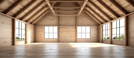 Modern contemporary empty room in a wooden building showing a trussed structure on the wall 3d render. At the end of the room is a corridor lit by natural light. There is a blank wall for content. - obrazy, fototapety, plakaty
