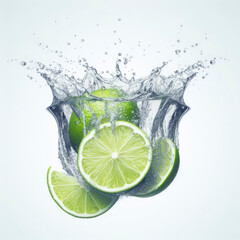 Fresh lime slices splashing deep into water with white background. ai generative