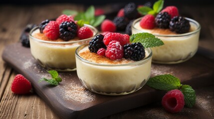 Delicious semolina pudding with berries on wooden table