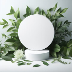 White round template podium mockup natural cosmetic product presentation with green leaves nature frame. ai generative