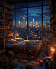 A luxury apartment at night shows a bedroom.  The most amazing place to sleep and live.