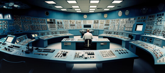 Nuclear plant control room, worker standing at desk control panels. Generative AI - obrazy, fototapety, plakaty