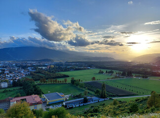 sunset in clouds over Slovenia. Evening Maribor. Pohorje mountain. Europe