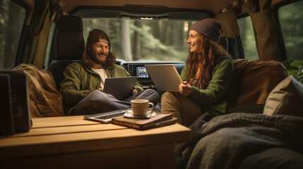 Man and woman with dog traveling together on transport - Freelance nomad concept with hippie people on car romantic trip working at laptop pc in relax moment - obrazy, fototapety, plakaty
